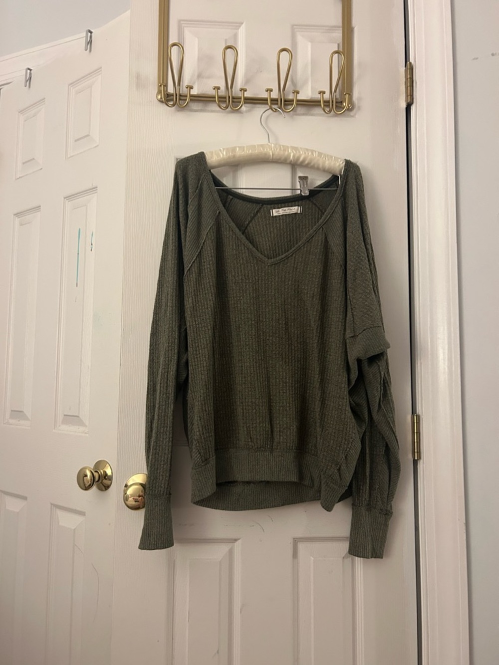 We The Free Olive Green V-Neck Waffle Knit Sweater